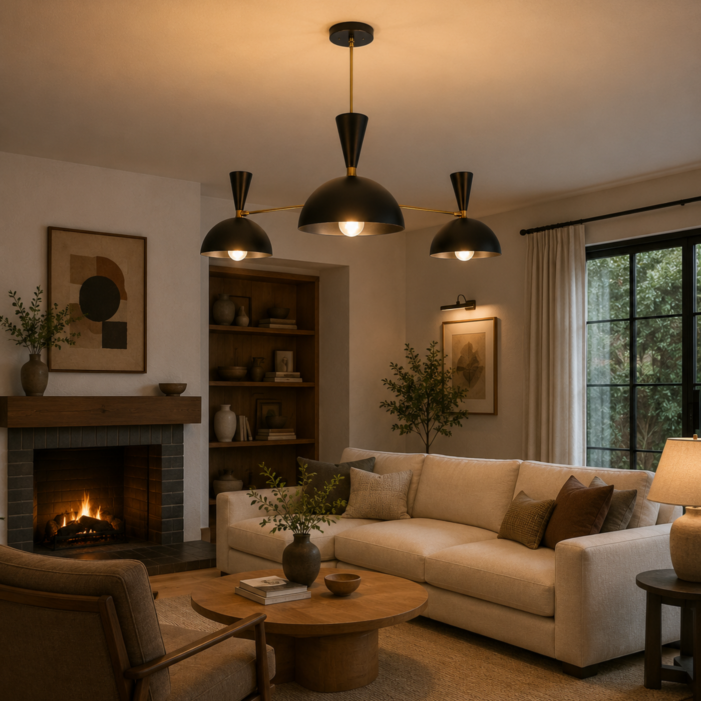 Verona 3 light black and brass dome chandelier illuminated in a warm modern living room interior.