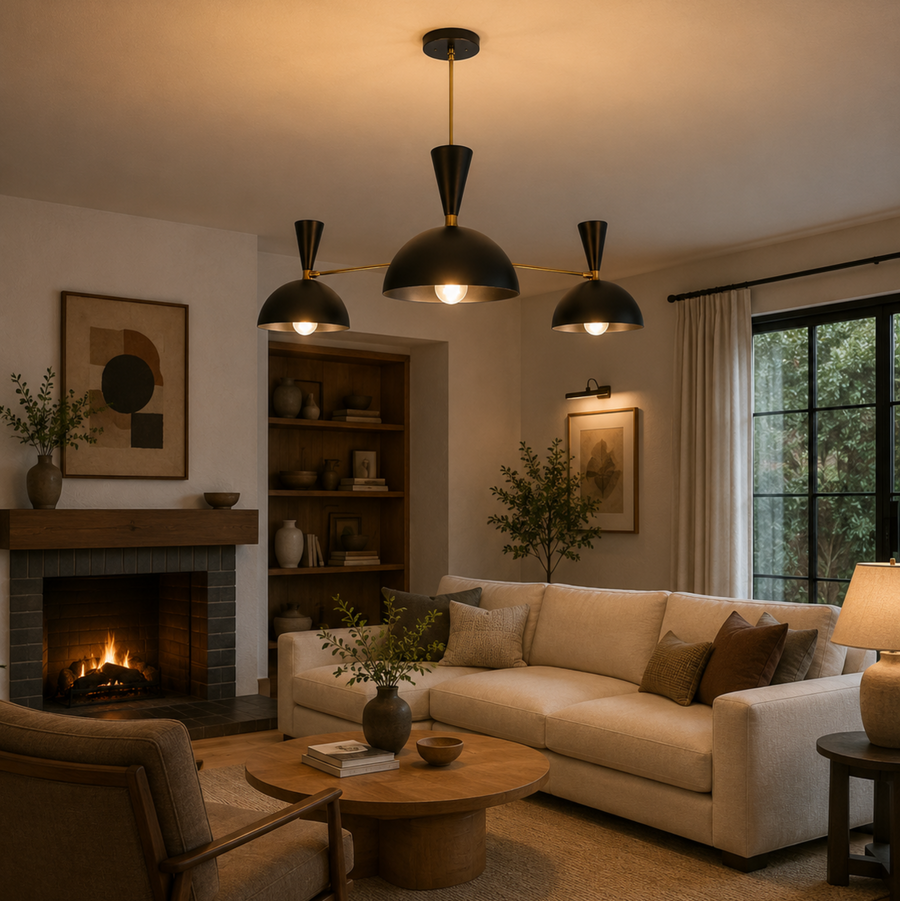 Verona 3 light black and brass dome chandelier illuminated in a warm modern living room interior.