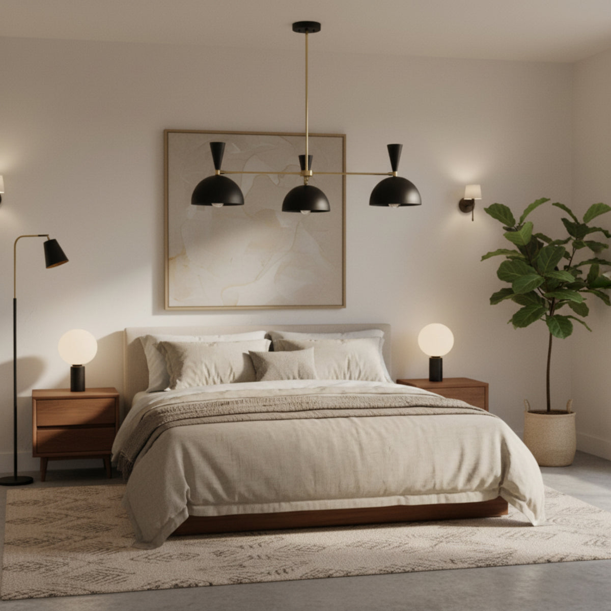 Verona 3 light mid-century black dome chandelier with brass-toned arms on a white background.