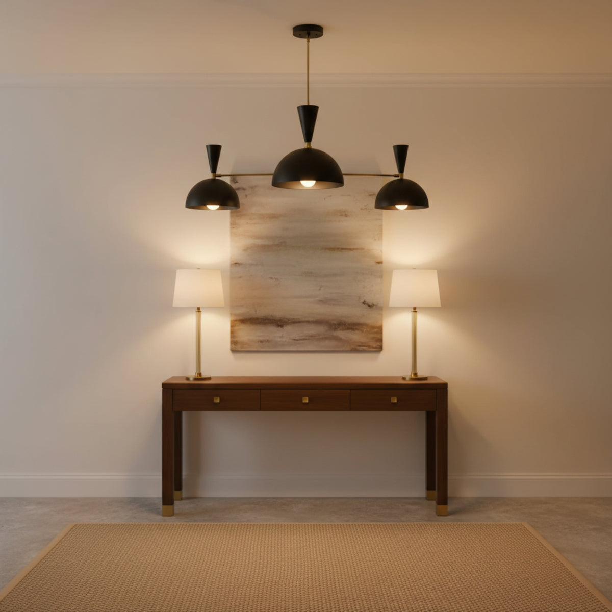 Verona 3 light black dome chandelier with brass arms and exposed bulbs displayed on a clean white background.
