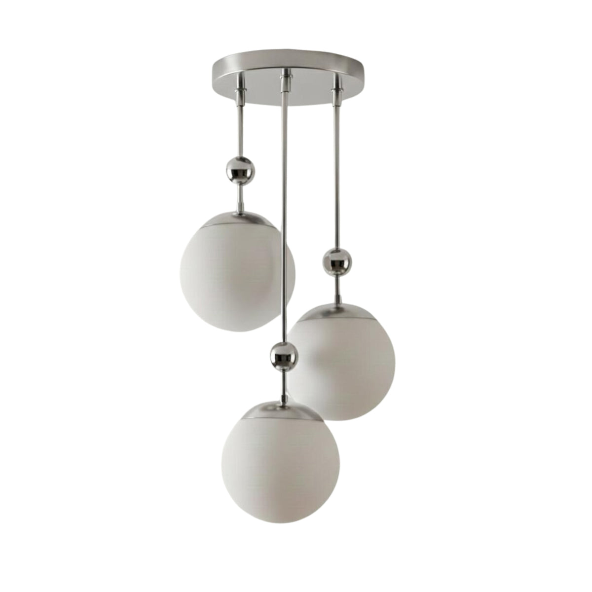 Front view of Verona 3-light pendant chandelier with polished finish, staggered rods and frosted glass globe shades – Model 33176