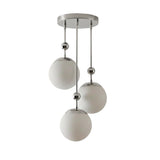 Front view of Verona 3-light pendant chandelier with polished finish, staggered rods and frosted glass globe shades – Model 33176