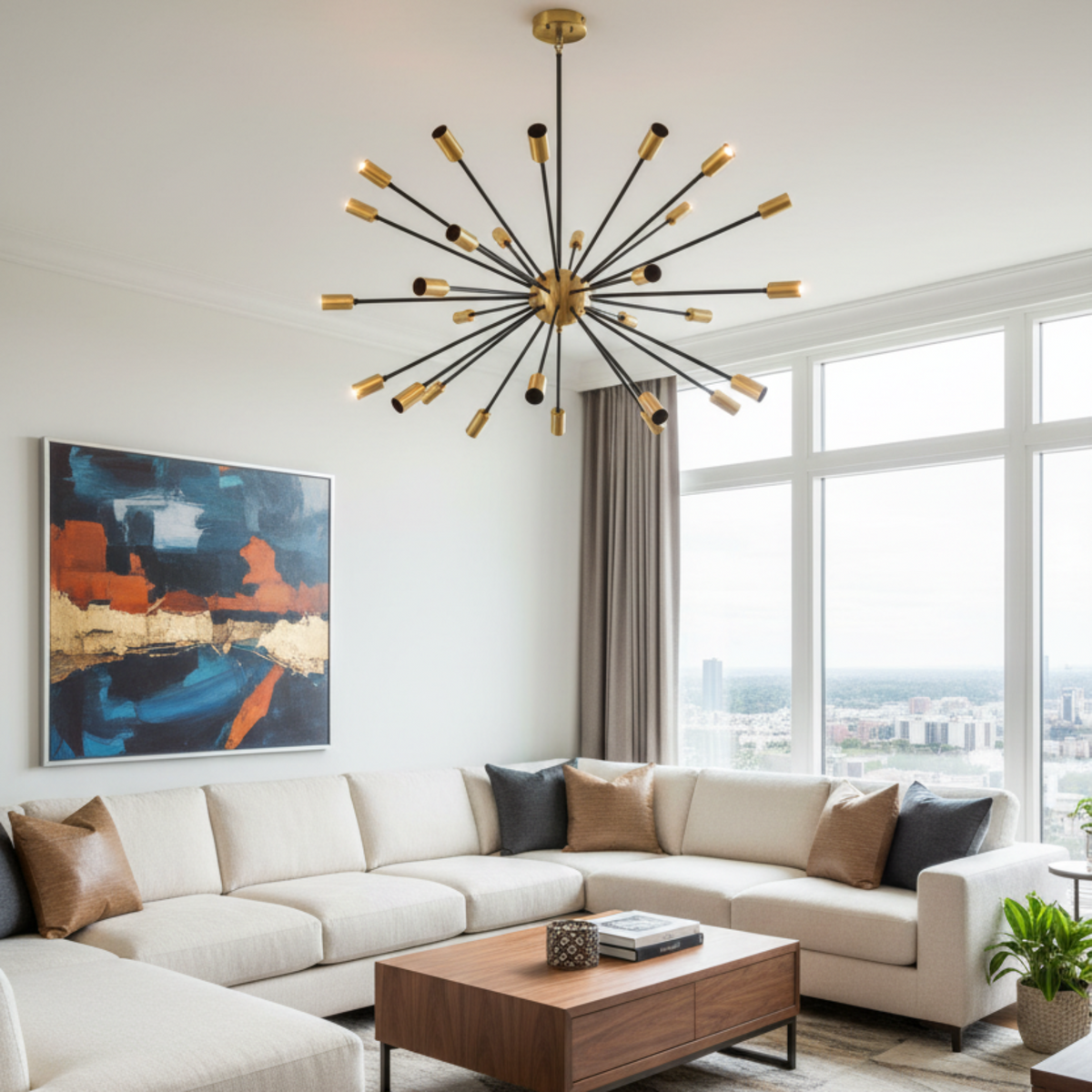 Versailles 36 light black and brass Sputnik chandelier shown from an angled view highlighting the sculptural radial arm arrangement.