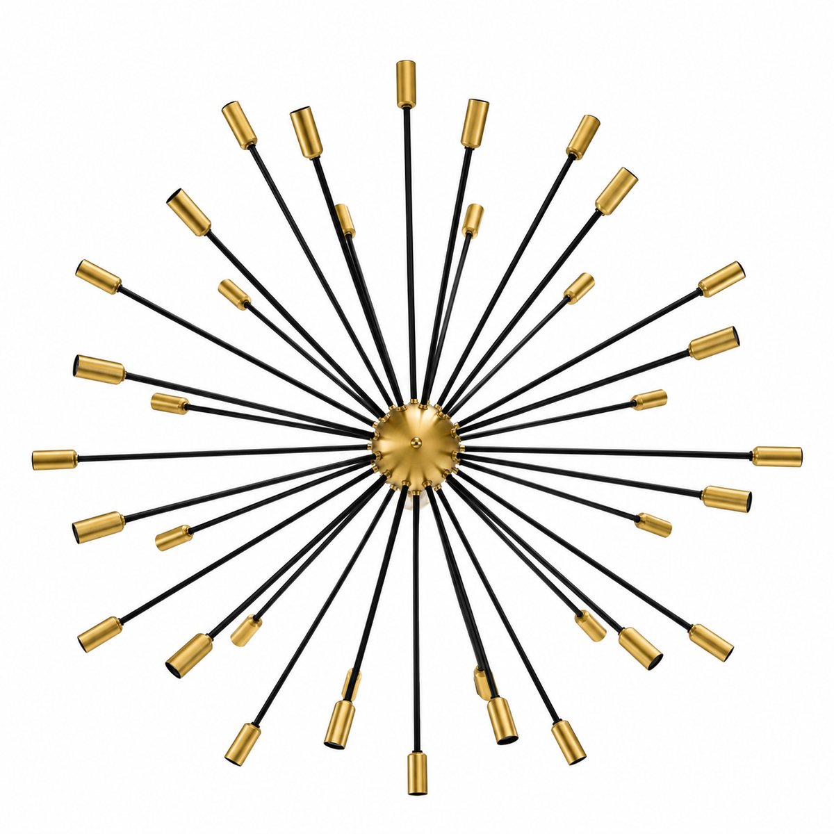 Versailles 36 light Sputnik chandelier shown from below highlighting the symmetrical radial arms, brass central hub, and brass-tone holders.