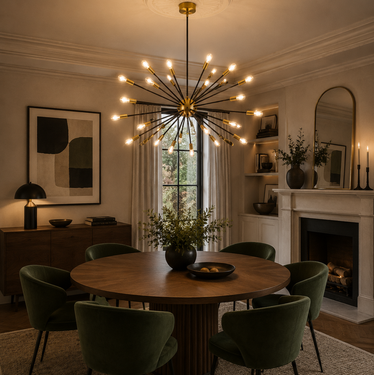 Versailles 36 light black and brass Sputnik chandelier illuminated above a round dining table in an elegant Mid-Century Modern dining room.