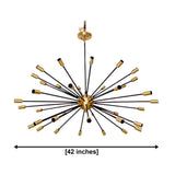 Versailles 36 light black and brass Sputnik chandelier shown from the front with radial starburst arms and cylindrical bulb holders.