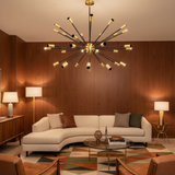 Versailles 36 light black and brass Sputnik chandelier shown from the side with an expansive multidirectional starburst design.