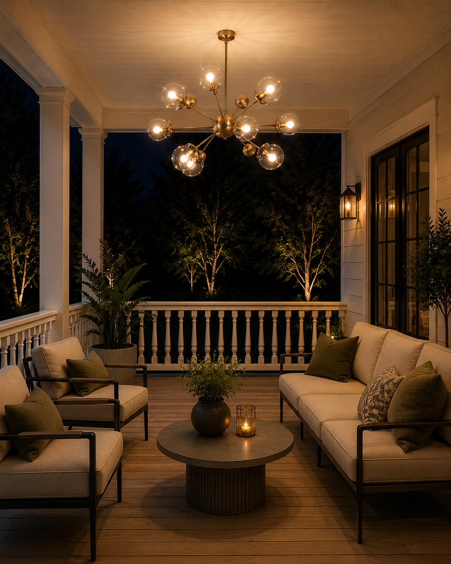 Versailles 12 light brass and clear glass globe chandelier illuminating an elegant covered patio seating area.