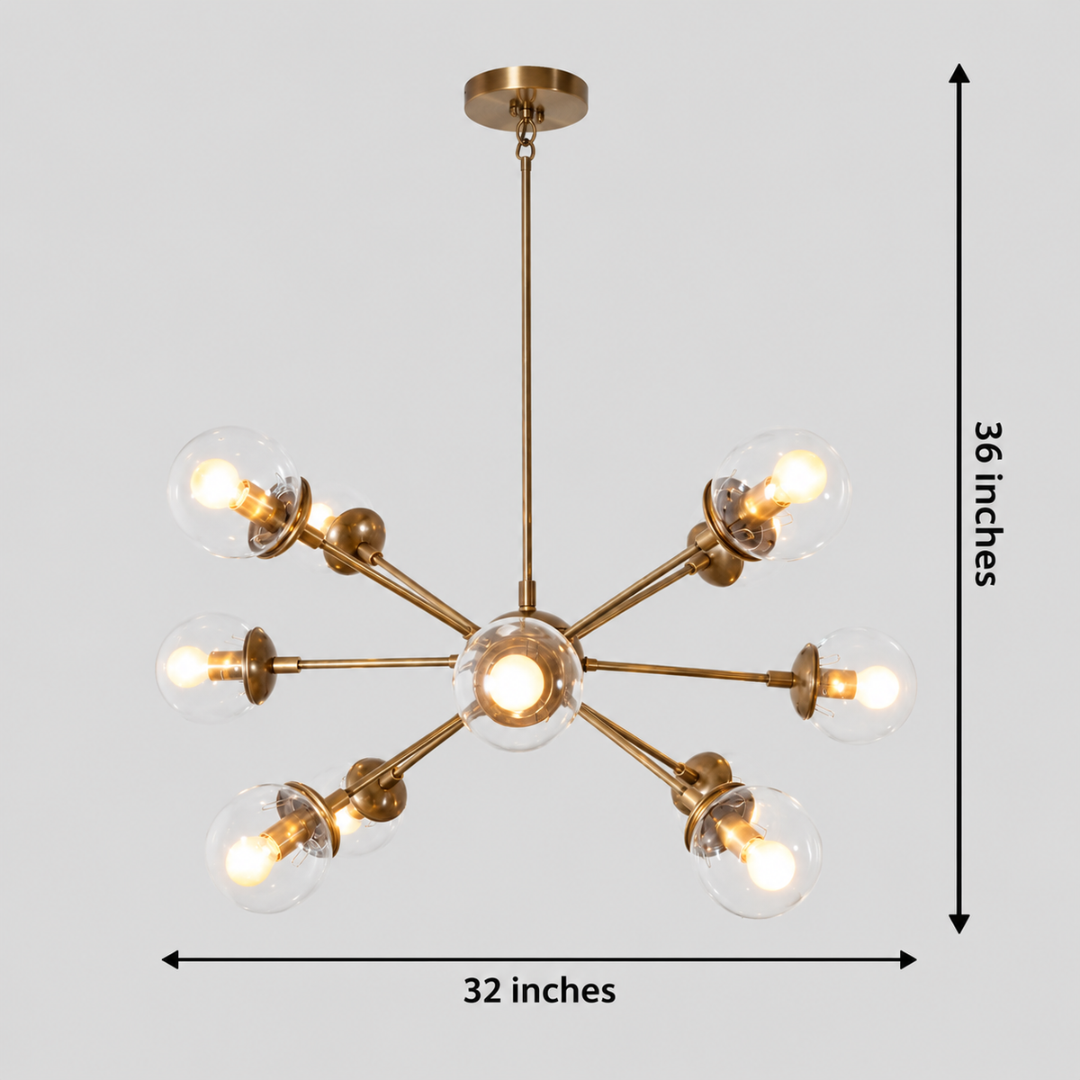 Versailles 12 light brass and clear glass globe chandelier dimension view showing 32 inch width and 36 inch overall height.
