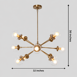 Versailles 12 light brass and clear glass globe chandelier dimension view showing 32 inch width and 36 inch overall height.