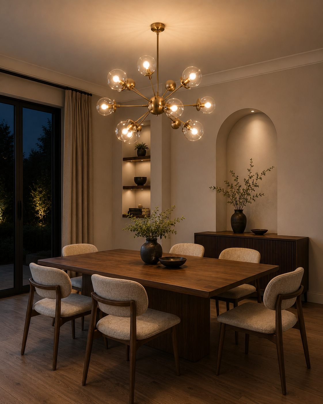 Versailles 12 light brass Sputnik globe chandelier displayed above a modern wood dining table with upholstered chairs.