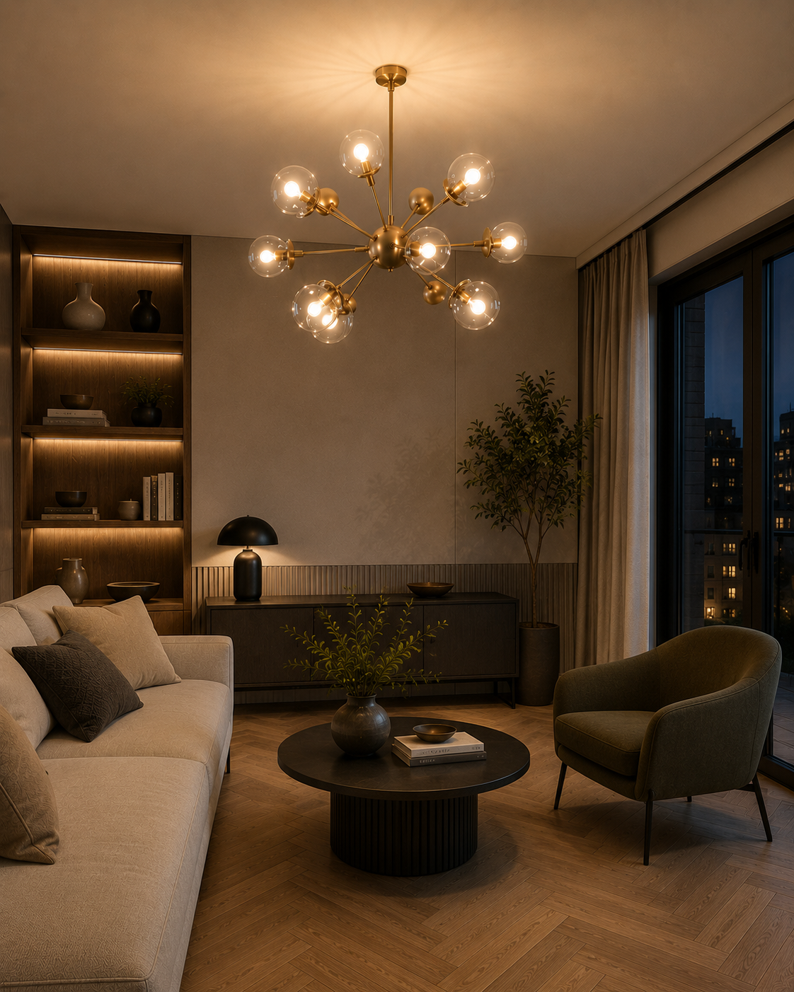 Versailles 12 light clear glass globe chandelier illuminating a sophisticated contemporary living room with warm ambient lighting.