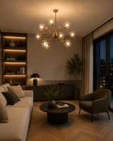 Versailles 12 light clear glass globe chandelier illuminating a sophisticated contemporary living room with warm ambient lighting.