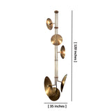 Six-light brass disc chandelier with tall vertical profile and dimension markings for scale reference.