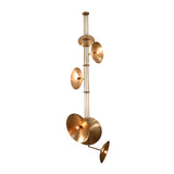 Handcrafted vertical brass chandelier with six illuminated discs creating ambient uplighting.