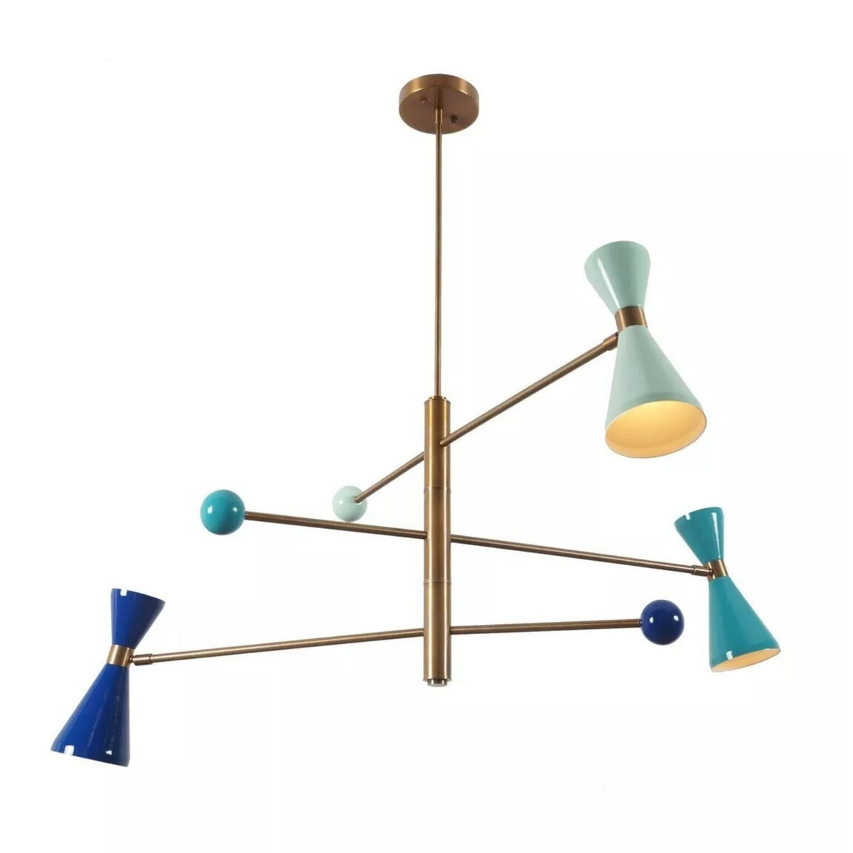 Wellington 3 light sculptural chandelier shown from an alternate angle highlighting its asymmetric brass-tone arms and multicolor double-cone shades.