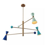 Wellington 3 light sculptural chandelier shown from an alternate angle highlighting its asymmetric brass-tone arms and multicolor double-cone shades.