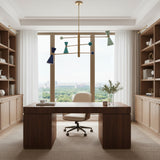 Wellington 3 light Mid-Century Modern chandelier shown from the front with colorful double-cone shades, spherical counterweights, and brass-tone frame.