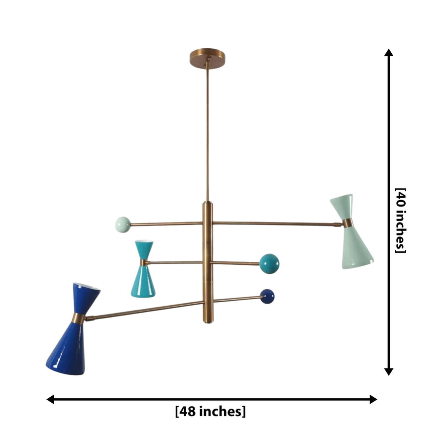Wellington 3 light counterbalance chandelier shown from the front with blue, turquoise, and mint double-cone shades and brass-tone arms.