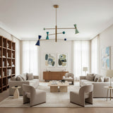 Wellington 3 light counterbalance chandelier shown from the front with blue, turquoise, and mint double-cone shades and brass-tone arms.
