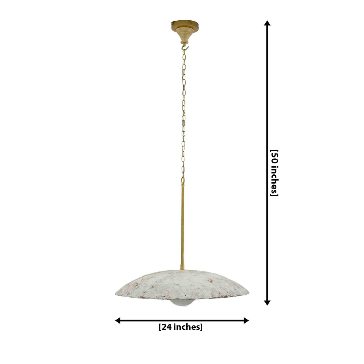 Wellington textured white dome pendant light with antique brass chain suspension, 24-inch shade width and 50-inch overall height, Model 73030.