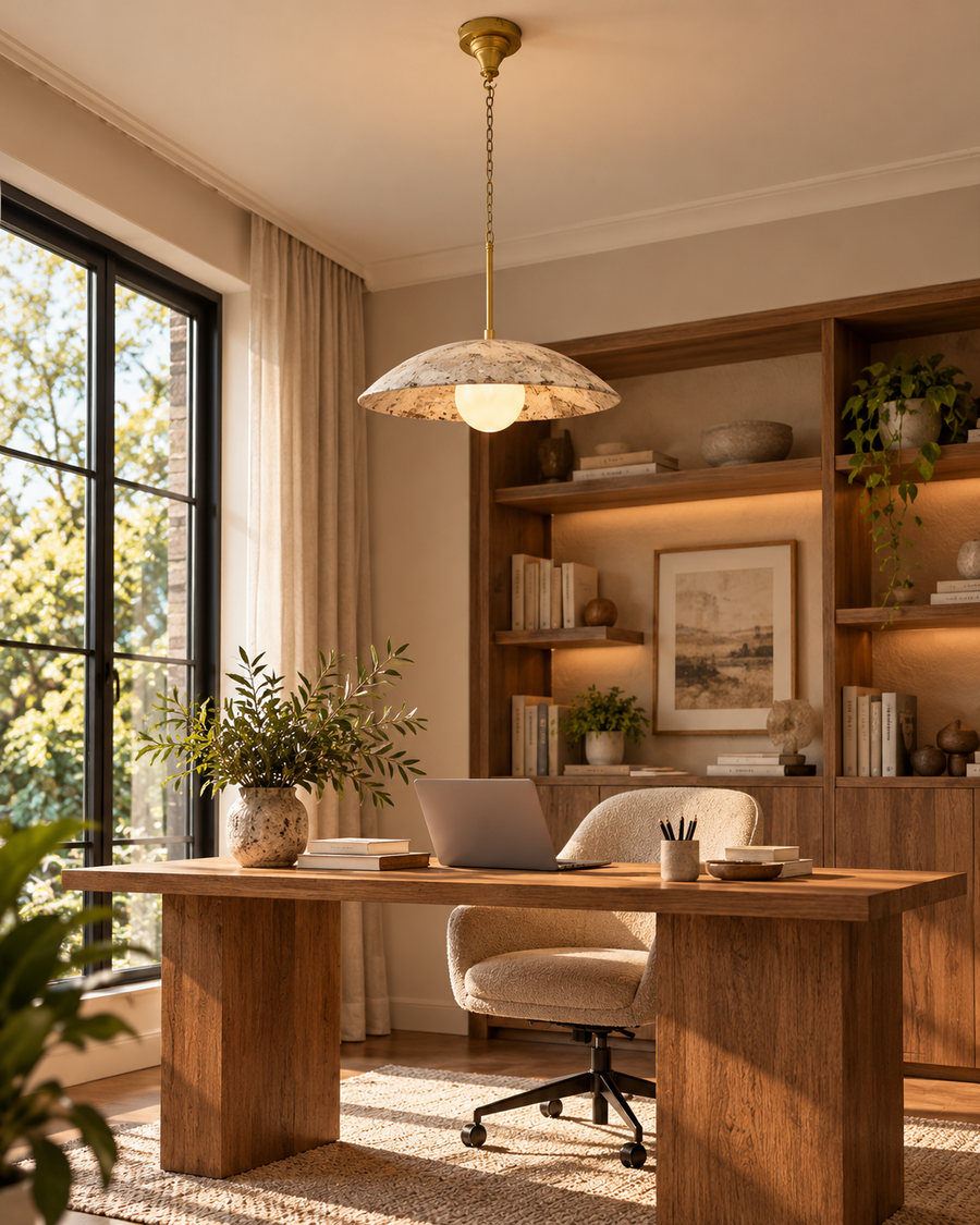 Wellington rustic white dome pendant light suspended above a wooden home office desk with warm natural sunlight and minimalist furnishings.