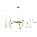 Dimensional reference of 7-light brass chandelier with white cone shades, 32 inches wide and 14 inches high, customizable height available.