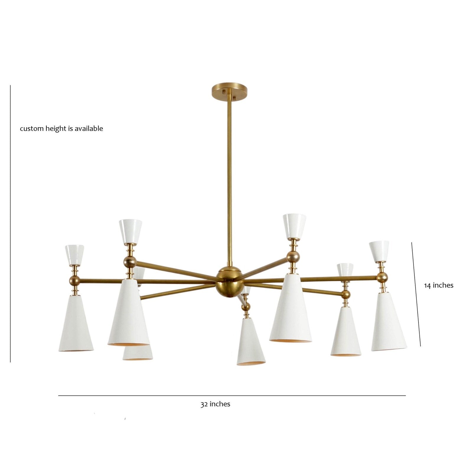 Size guide for Modern 7-Light White Cone Brass Chandelier – Mid-Century Ceiling Light Fixture by Brass Leaf Studio 62585
