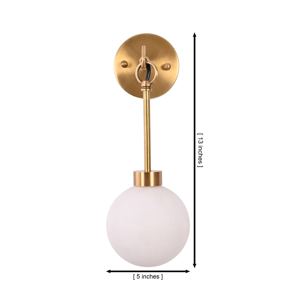 Dimension drawing of the Windsor Modern Brass Globe Wall Sconce showing a 13-inch overall height and 5-inch frosted opal glass globe with a decorative brass suspension.