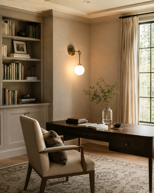Windsor Modern Brass Globe Wall Sconce installed in a sophisticated home office, casting warm ambient light above a wooden desk with bookshelves, decorative accents, and a large window.