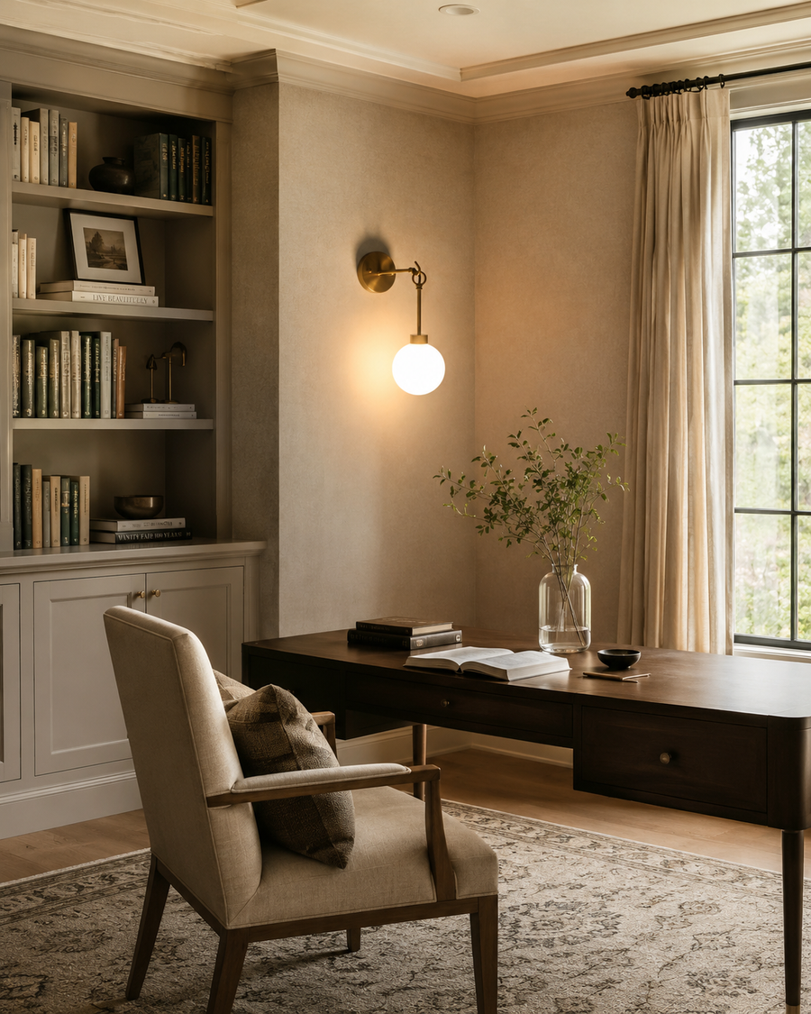 Windsor Modern Brass Globe Wall Sconce installed in a sophisticated home office, casting warm ambient light above a wooden desk with bookshelves, decorative accents, and a large window.