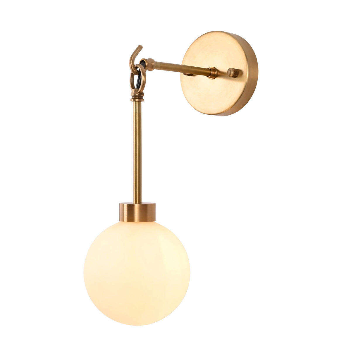 Angled view of the Windsor Modern Brass Globe Wall Sconce featuring a handcrafted frosted opal glass globe suspended from a decorative brass ring with warm ambient illumination.