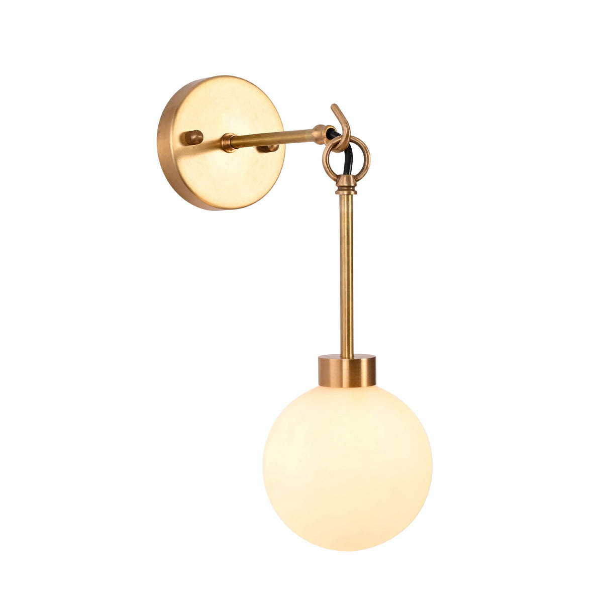 Front view of the Windsor Modern Brass Globe Wall Sconce with a glowing frosted opal glass globe, decorative brass ring suspension, and sleek round wall canopy.