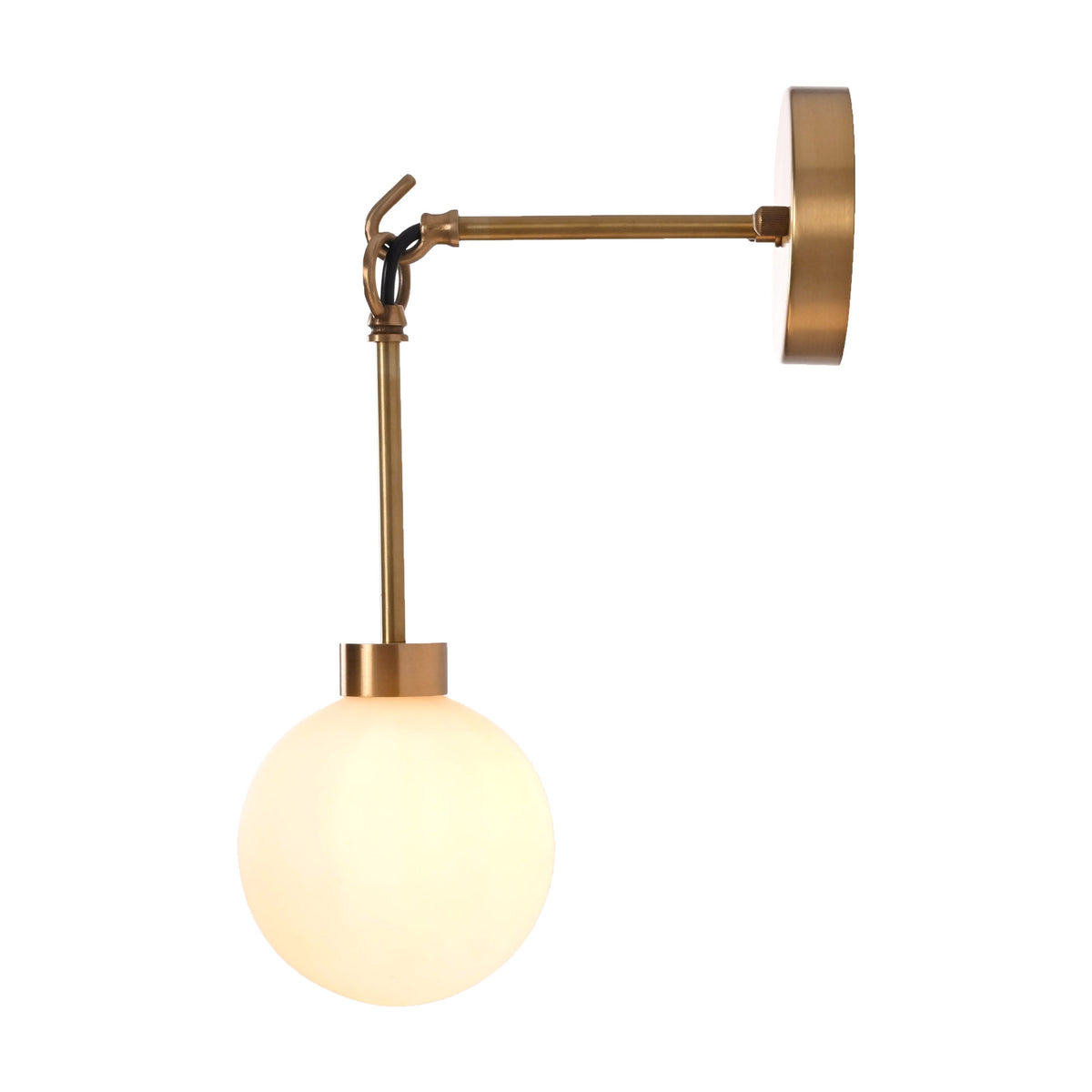 Side profile of the Windsor Modern Brass Globe Wall Sconce showcasing its decorative brass arm, hanging ring detail, frosted opal glass globe, and round wall canopy.