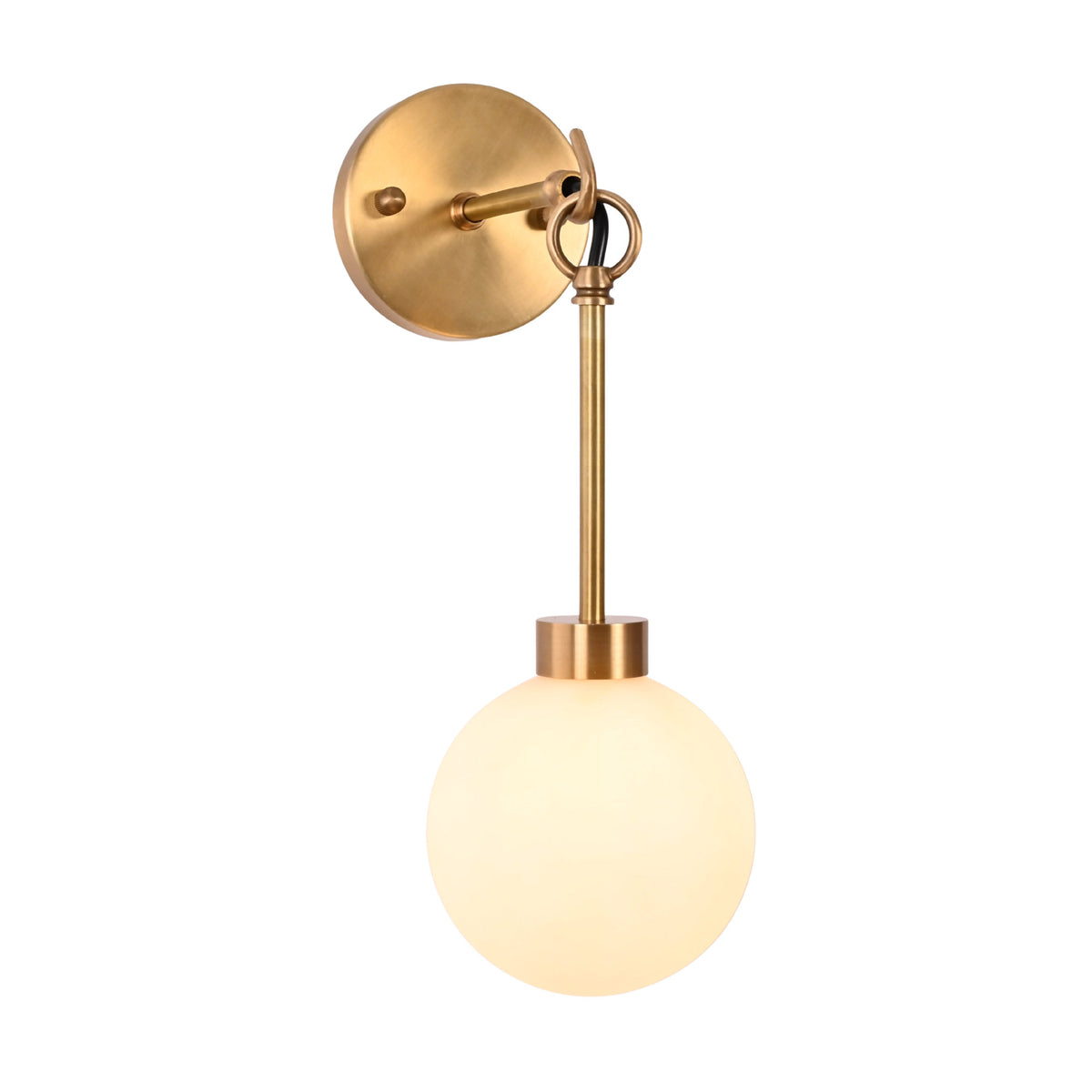 Three-quarter view of the Windsor Modern Brass Globe Wall Sconce highlighting the frosted opal glass globe, decorative hanging ring, slender brass stem, and minimalist round wall backplate.