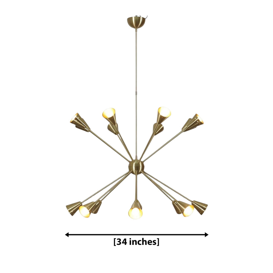 York 16 light brass Sputnik chandelier displayed above a large kitchen island in a sophisticated modern kitchen.