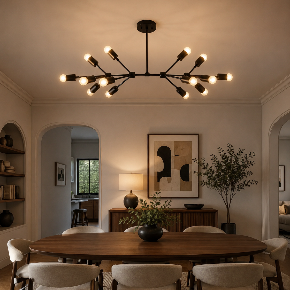Zurich 14 light black branching Sputnik chandelier illuminated above a large dining table in a warm contemporary dining room.