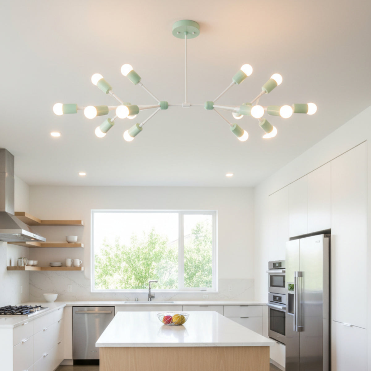 Zurich 14 light branching Sputnik chandelier shown from the front with mint green cylindrical holders and a sculptural linear frame.