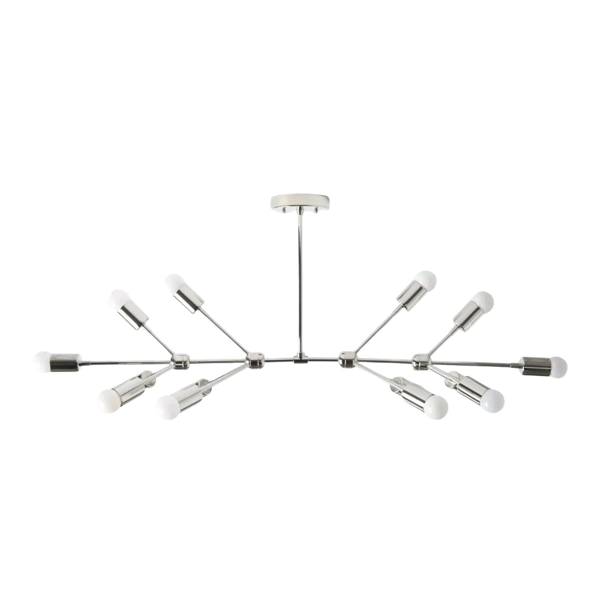 Zurich 14 light branching chandelier shown from the front in a polished silver-tone finish with exposed bulbs and linear arms.