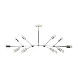 Zurich 14 light branching chandelier shown from the front in a polished silver-tone finish with exposed bulbs and linear arms.