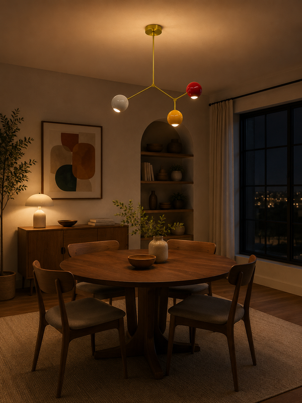 Zurich 3 light colorful globe branch chandelier installed above a dining table in a warm modern dining room.