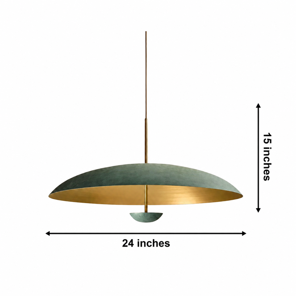 A hanging pendant light with a wide dome-shaped shade, shown with dimension arrows and labels indicating 24 inches wide and 15 inches tall on a white background.