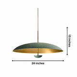 A hanging pendant light with a wide dome-shaped shade, shown with dimension arrows and labels indicating 24 inches wide and 15 inches tall on a white background.