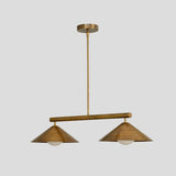 Adjustable brass 2-light hanging chandelier with sleek rod suspension and conical shades, designed for modern interiors.