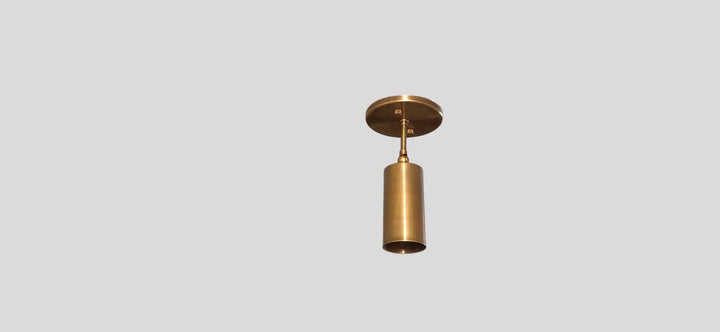 Solid brass cylinder spotlight ceiling light in brushed finish, handcrafted adjustable lighting fixture