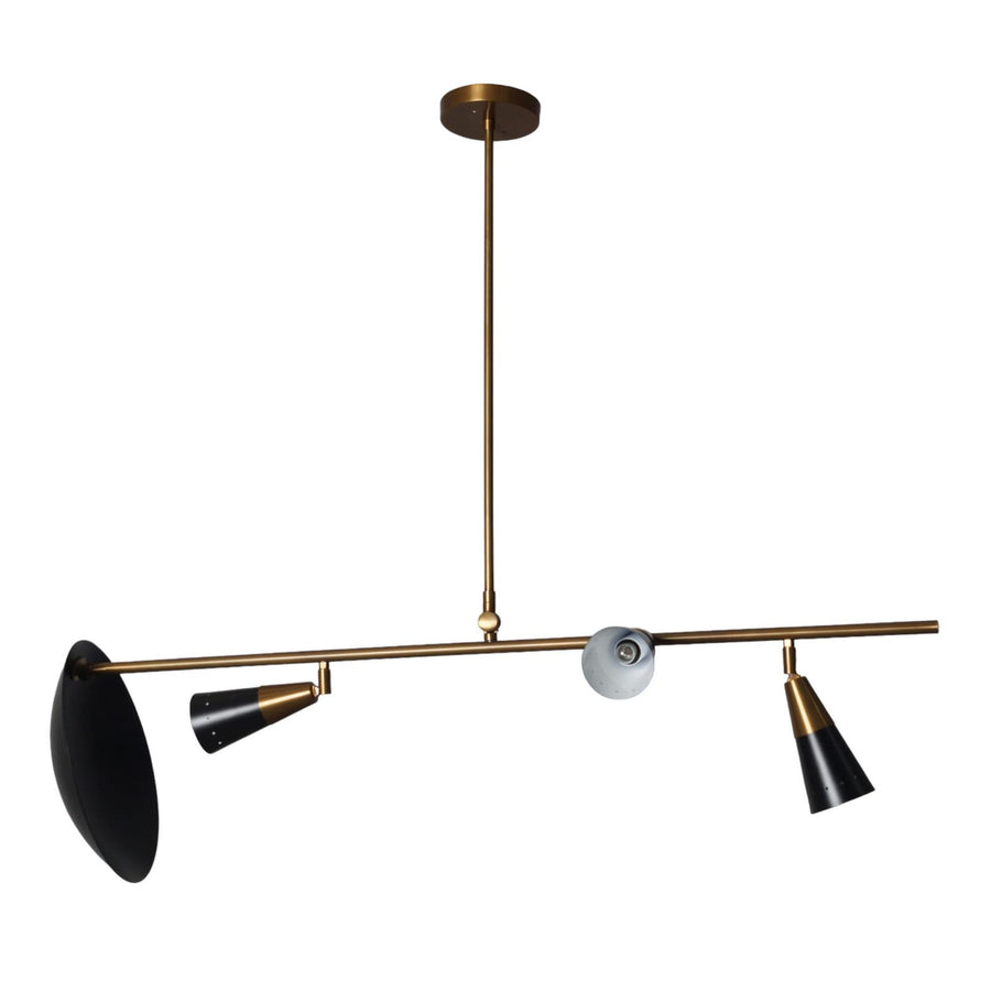 Modern brass linear chandelier with three adjustable black cone shades and minimalist ceiling mount design.
