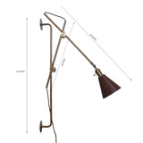Adjustable brass wall lamp with labeled dimensions – 30 inches height, 28 inches arm length