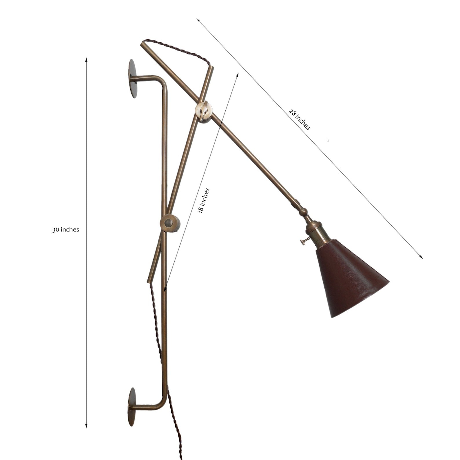 Size guide for Adjustable Brass Wall Lamp – Industrial Swing Arm Sconce Light with Cone Shade | Handmade Solid Brass Lamp by Brass Leaf Studio 62620