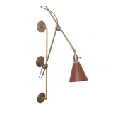 Industrial-style brass wall sconce with adjustable swing arm and brown cone shade