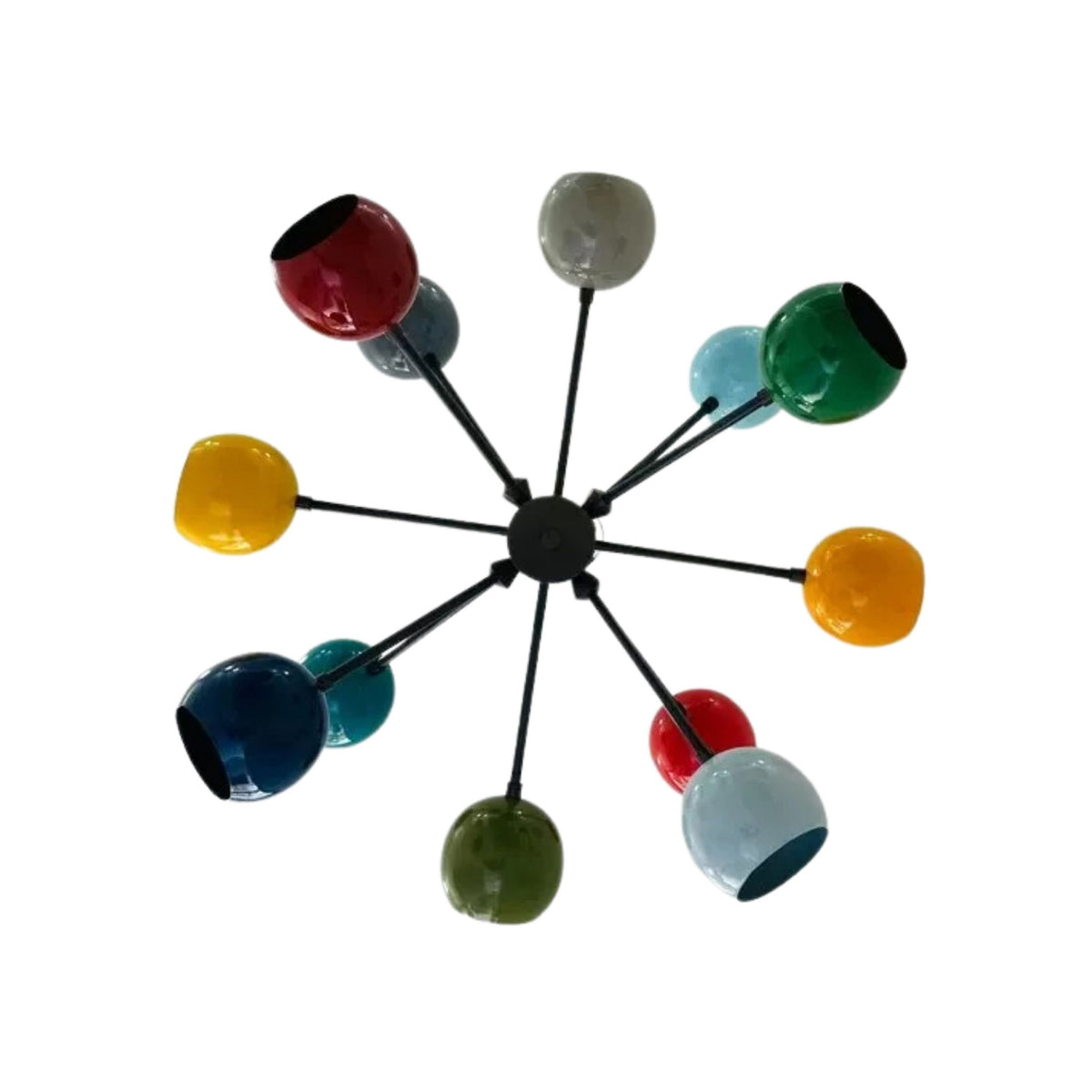 Tallinn 12 light multicolor Sputnik chandelier shown from below highlighting the radial Sputnik design and multicolor shades.